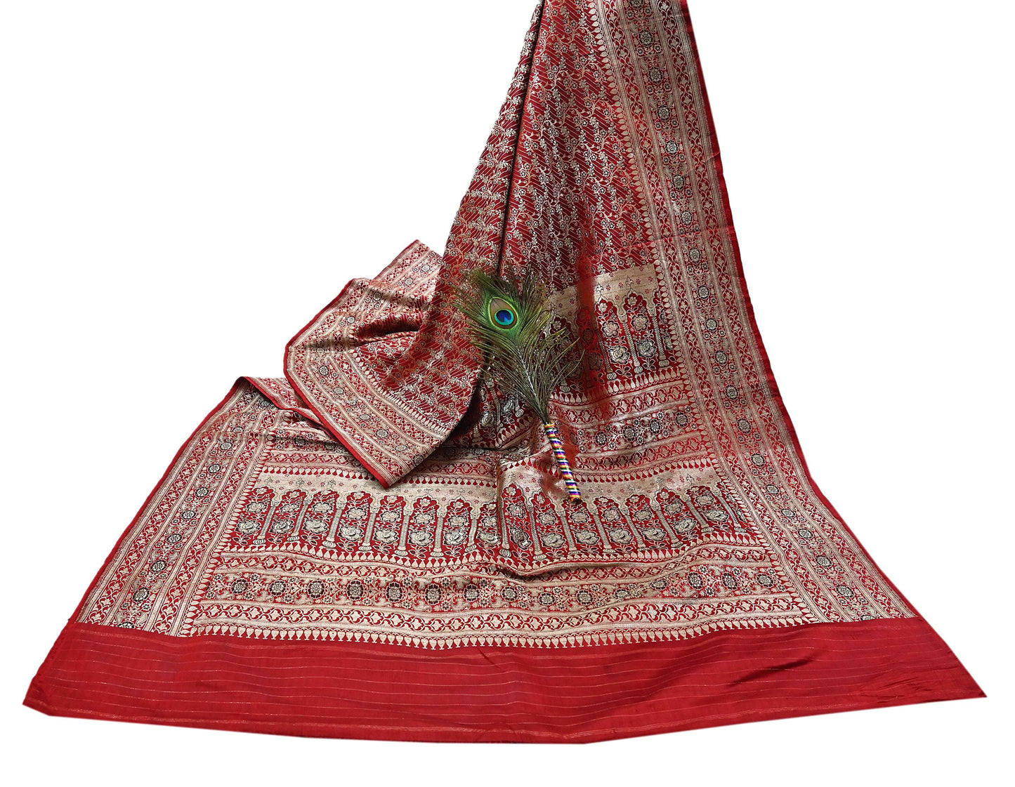 Indian Vintage Sari Red Heavy Wedding Pure Satin Silk Woven Banarasi Brocade Saree Zari 5Yd Craft Fabric Ethnic Dress making Crafting