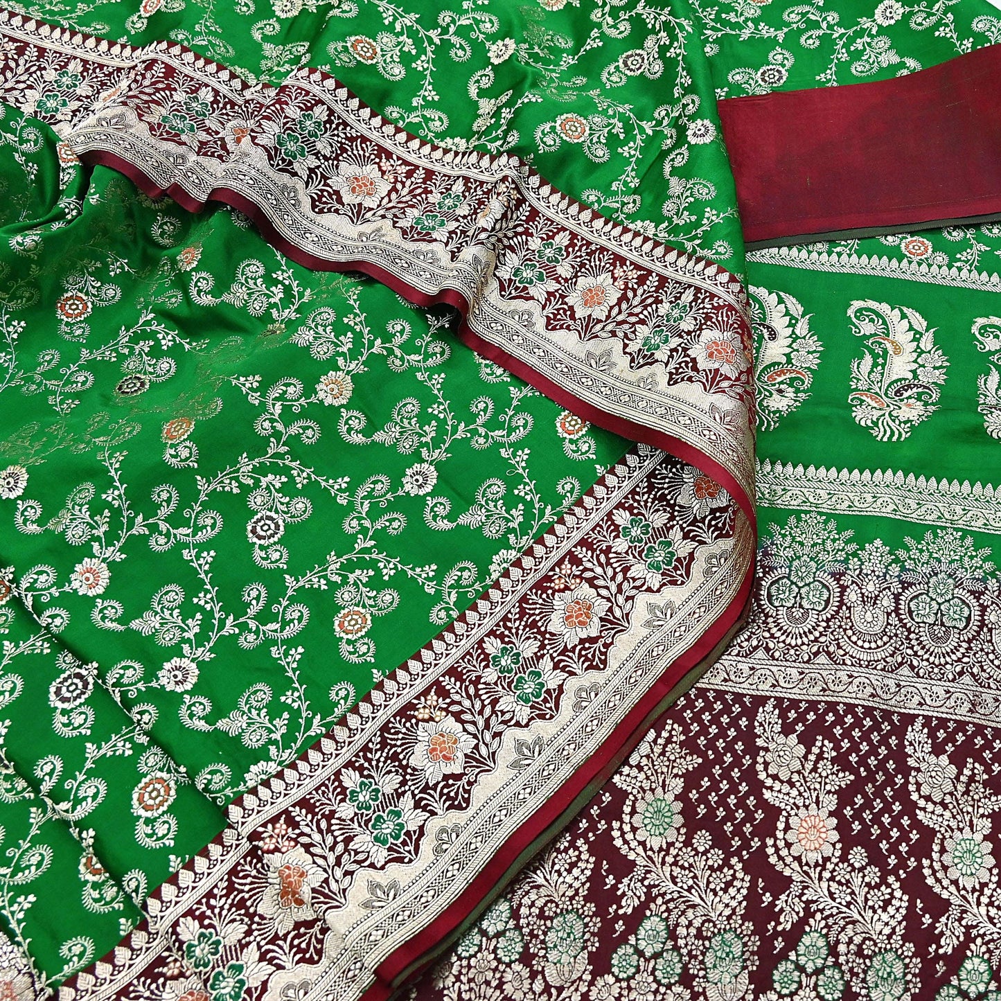 Vintage Banarasi Saree Pure Satin Silk Woven Brocade Zari Fabric Maroon & Green Heavy Craft Sari 5 Yards Indian Antique Textile Dress Making