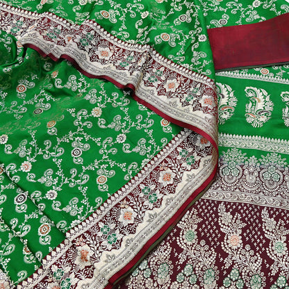 Vintage Banarasi Saree Pure Satin Silk Woven Brocade Zari Fabric Maroon & Green Heavy Craft Sari 5 Yards Indian Antique Textile Dress Making