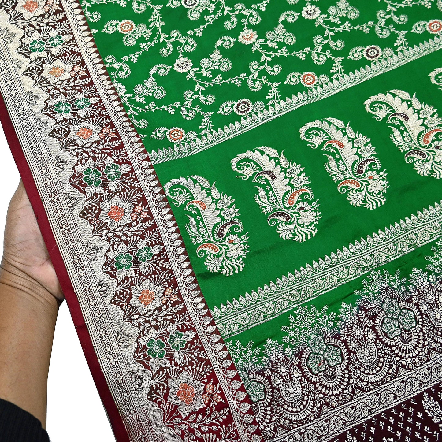 Vintage Banarasi Saree Pure Satin Silk Woven Brocade Zari Fabric Maroon & Green Heavy Craft Sari 5 Yards Indian Antique Textile Dress Making
