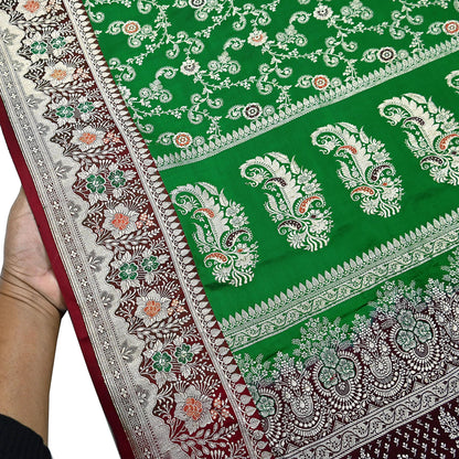 Vintage Banarasi Saree Pure Satin Silk Woven Brocade Zari Fabric Maroon & Green Heavy Craft Sari 5 Yards Indian Antique Textile Dress Making