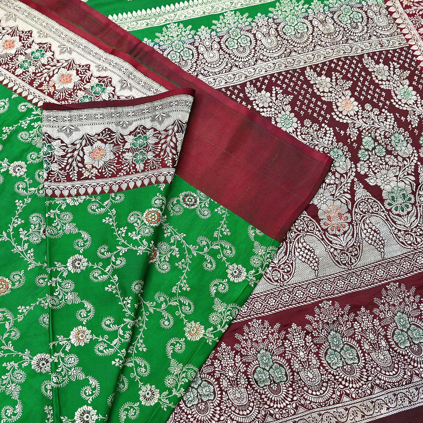 Vintage Banarasi Saree Pure Satin Silk Woven Brocade Zari Fabric Maroon & Green Heavy Craft Sari 5 Yards Indian Antique Textile Dress Making