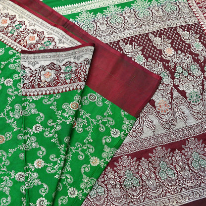 Vintage Banarasi Saree Pure Satin Silk Woven Brocade Zari Fabric Maroon & Green Heavy Craft Sari 5 Yards Indian Antique Textile Dress Making