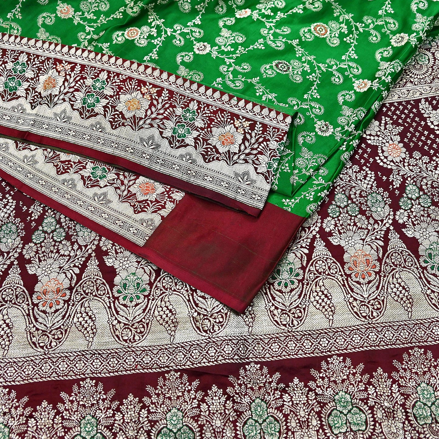 Vintage Banarasi Saree Pure Satin Silk Woven Brocade Zari Fabric Maroon & Green Heavy Craft Sari 5 Yards Indian Antique Textile Dress Making
