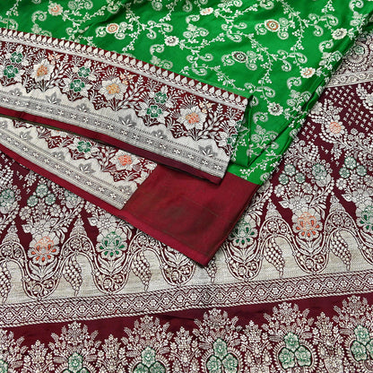 Vintage Banarasi Saree Pure Satin Silk Woven Brocade Zari Fabric Maroon & Green Heavy Craft Sari 5 Yards Indian Antique Textile Dress Making