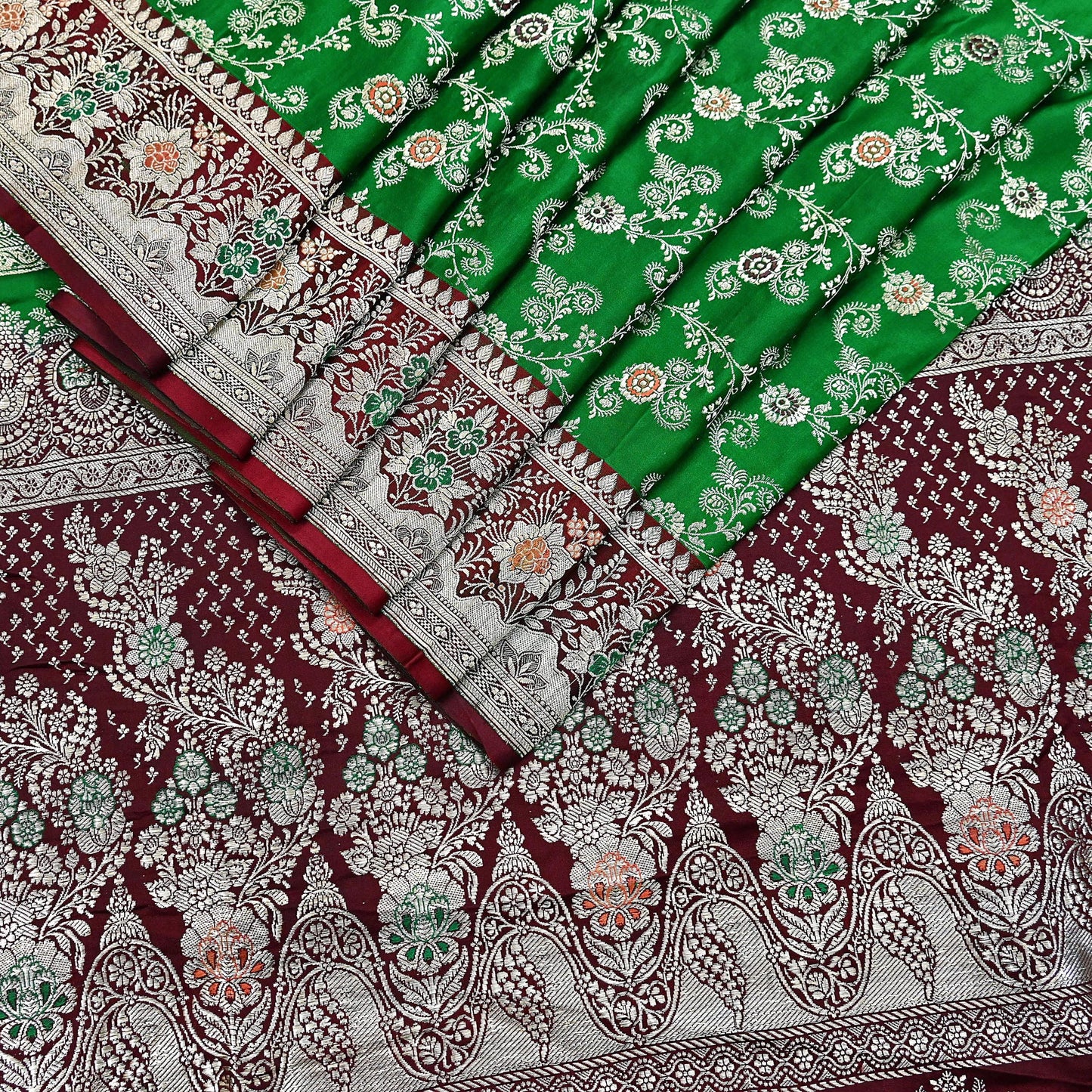 Vintage Banarasi Saree Pure Satin Silk Woven Brocade Zari Fabric Maroon & Green Heavy Craft Sari 5 Yards Indian Antique Textile Dress Making