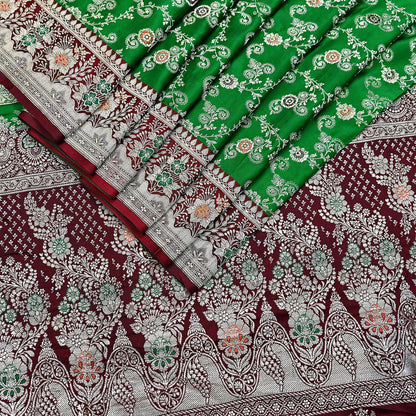 Vintage Banarasi Saree Pure Satin Silk Woven Brocade Zari Fabric Maroon & Green Heavy Craft Sari 5 Yards Indian Antique Textile Dress Making