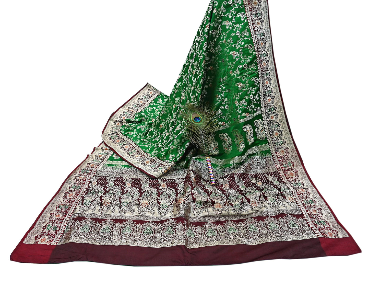 Vintage Banarasi Saree Pure Satin Silk Woven Brocade Zari Fabric Maroon & Green Heavy Craft Sari 5 Yards Indian Antique Textile Dress Making