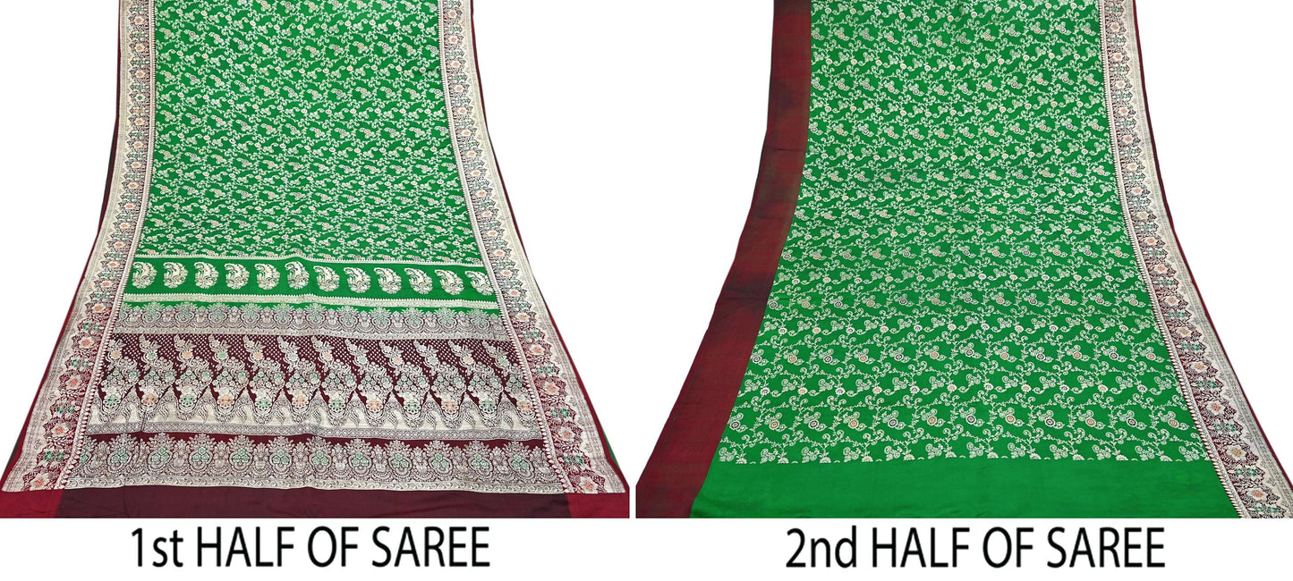 Vintage Banarasi Saree Pure Satin Silk Woven Brocade Zari Fabric Maroon & Green Heavy Craft Sari 5 Yards Indian Antique Textile Dress Making