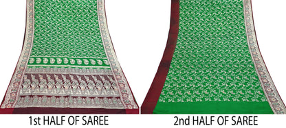 Vintage Banarasi Saree Pure Satin Silk Woven Brocade Zari Fabric Maroon & Green Heavy Craft Sari 5 Yards Indian Antique Textile Dress Making
