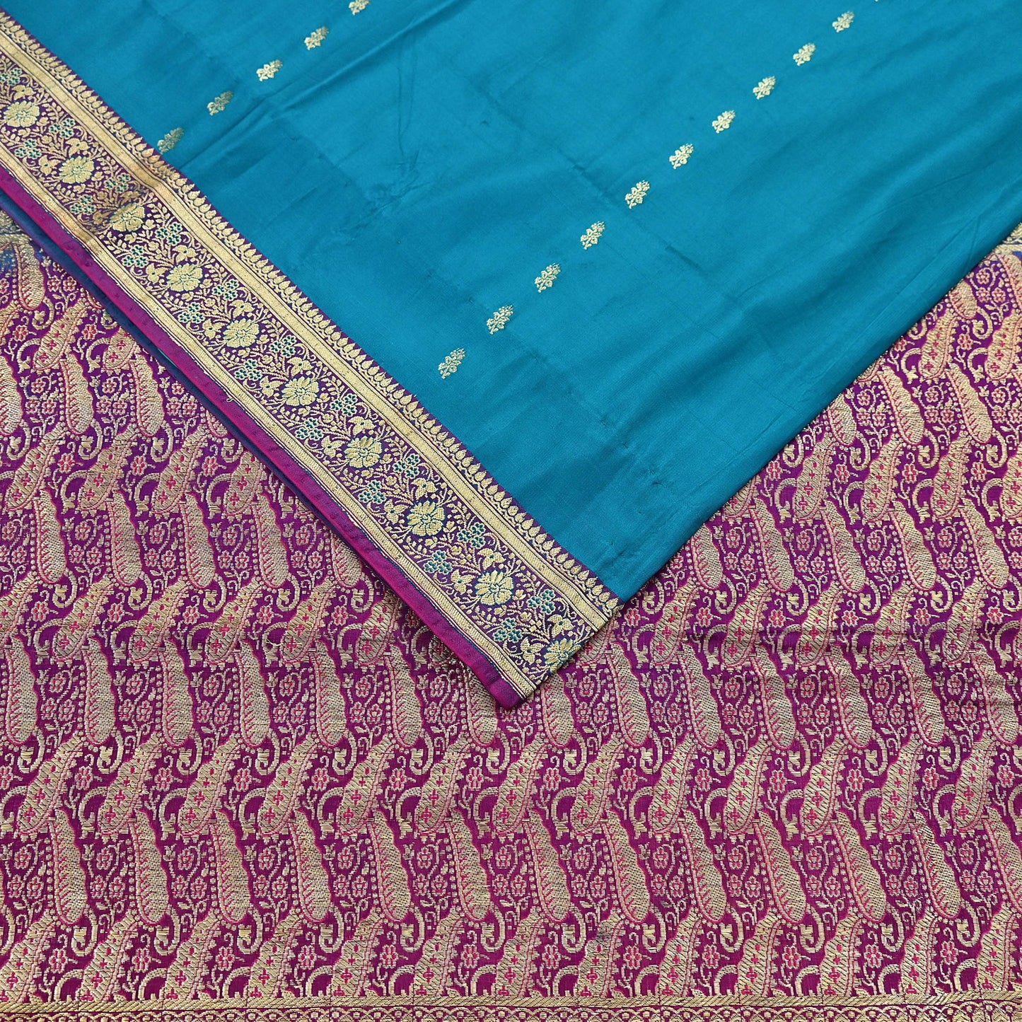 Vintage Sari Purple & Green Heavy Pure Satin Silk Woven Banarasi Brocade Saree Golden Zari 5Yd Dress making Bridal/wedding Sari Crafting