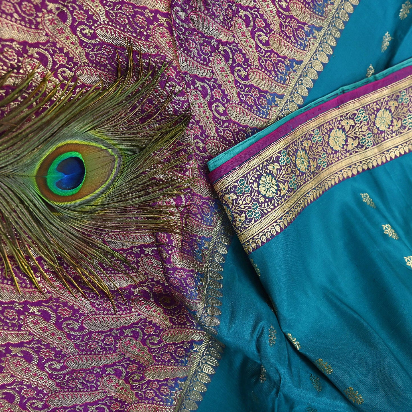 Vintage Sari Purple & Green Heavy Pure Satin Silk Woven Banarasi Brocade Saree Golden Zari 5Yd Dress making Bridal/wedding Sari Crafting