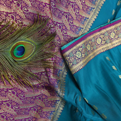 Vintage Sari Purple & Green Heavy Pure Satin Silk Woven Banarasi Brocade Saree Golden Zari 5Yd Dress making Bridal/wedding Sari Crafting