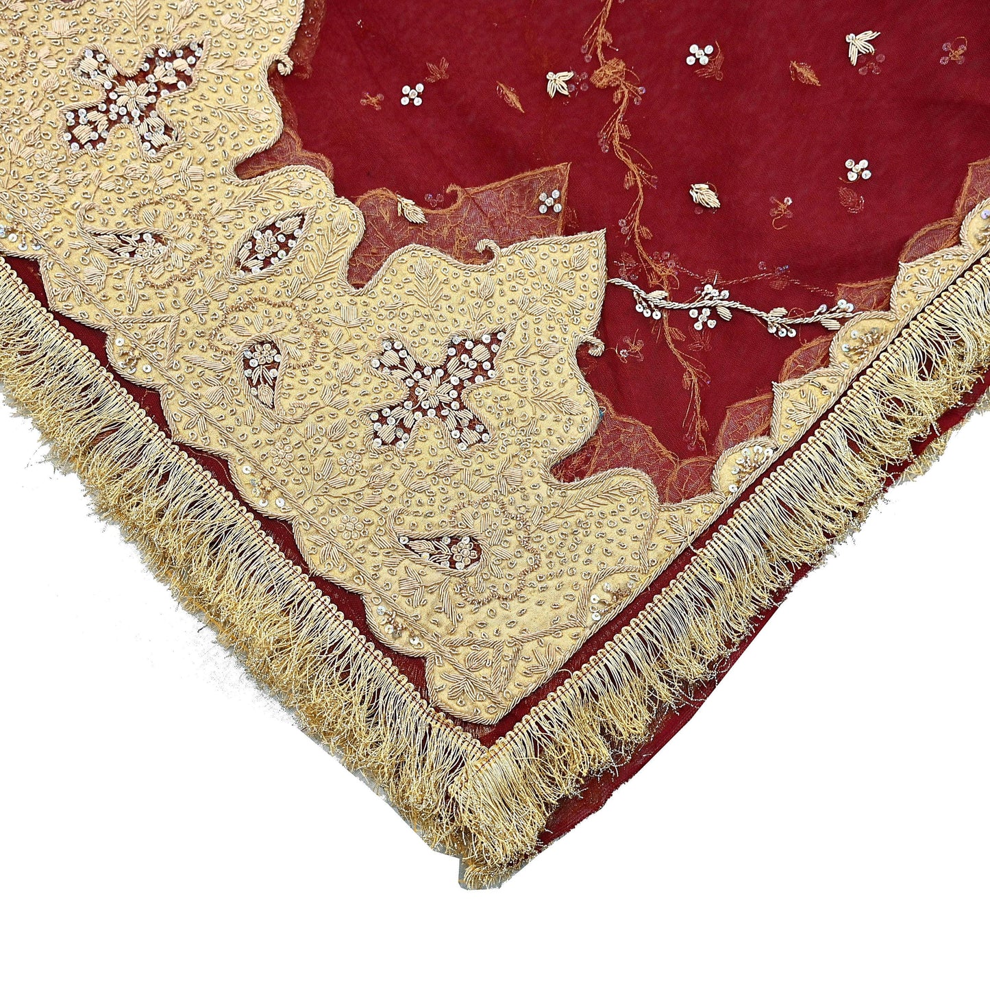 Indian Vintage Heavy Bridal Red Dupatta Net Mesh Long Stole Hand Embroidered Scarves Zardozi Dabka Wedding dupatta veil hijab Tissue Border