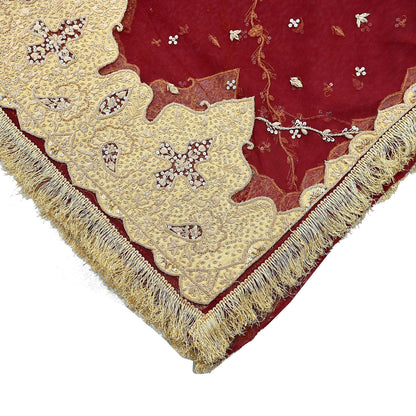 Indian Vintage Heavy Bridal Red Dupatta Net Mesh Long Stole Hand Embroidered Scarves Zardozi Dabka Wedding dupatta veil hijab Tissue Border