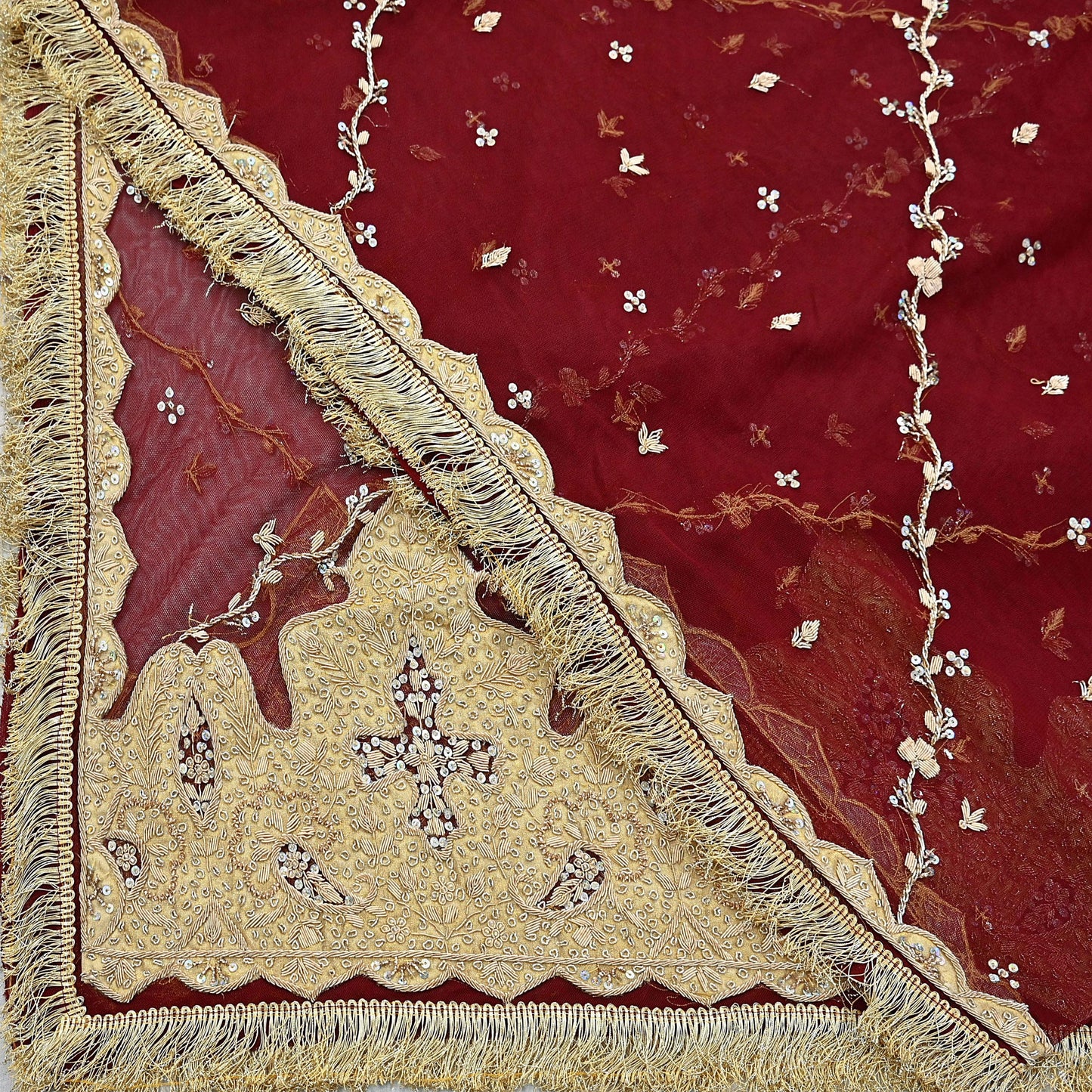 Indian Vintage Heavy Bridal Red Dupatta Net Mesh Long Stole Hand Embroidered Scarves Zardozi Dabka Wedding dupatta veil hijab Tissue Border