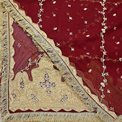 Indian Vintage Heavy Bridal Red Dupatta Net Mesh Long Stole Hand Embroidered Scarves Zardozi Dabka Wedding dupatta veil hijab Tissue Border