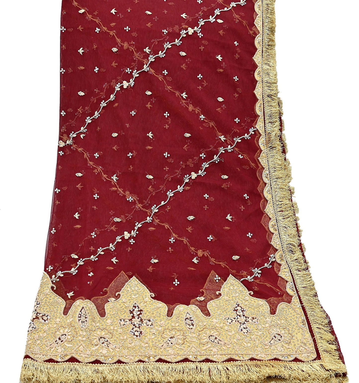 Indian Vintage Heavy Bridal Red Dupatta Net Mesh Long Stole Hand Embroidered Scarves Zardozi Dabka Wedding dupatta veil hijab Tissue Border