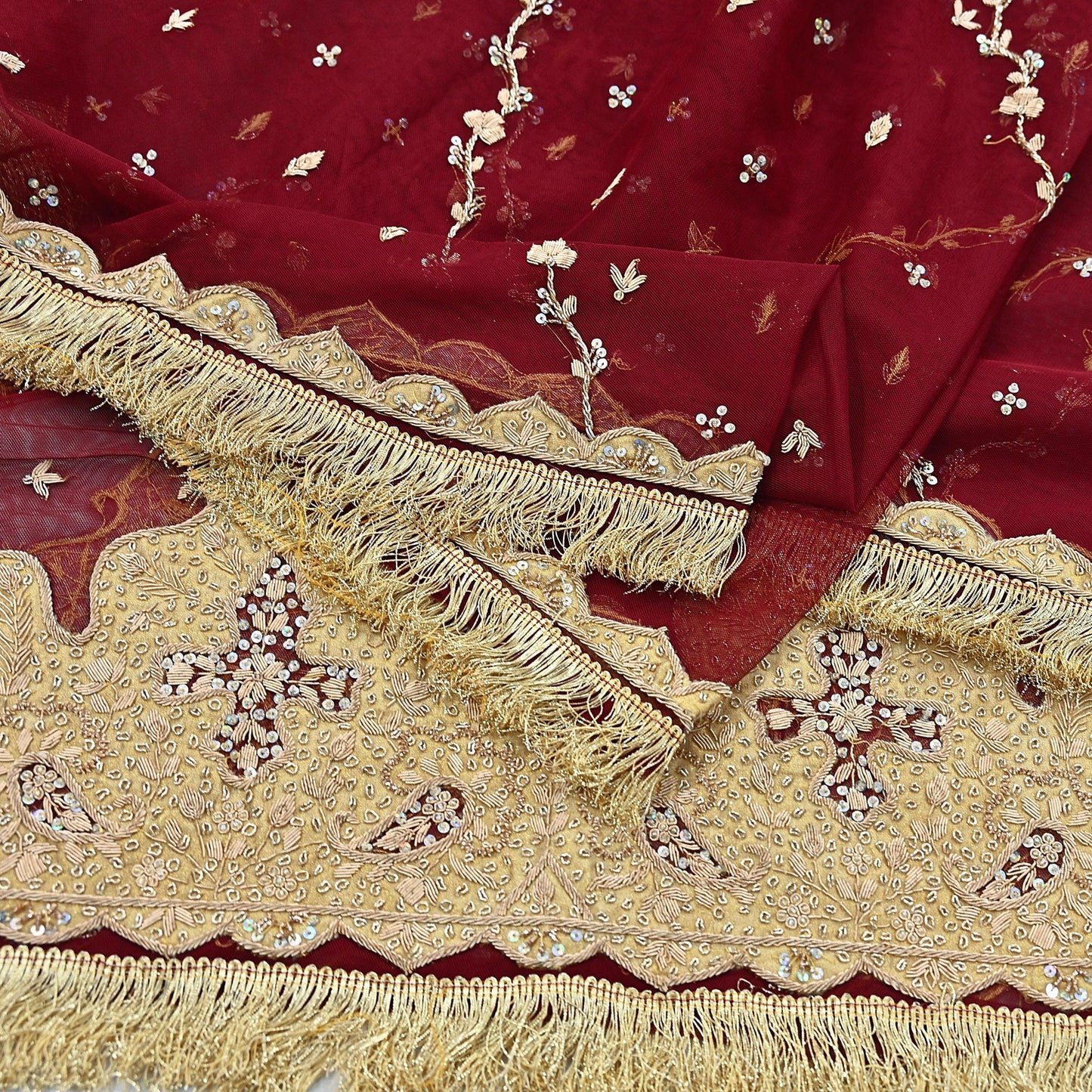 Indian Vintage Heavy Bridal Red Dupatta Net Mesh Long Stole Hand Embroidered Scarves Zardozi Dabka Wedding dupatta veil hijab Tissue Border