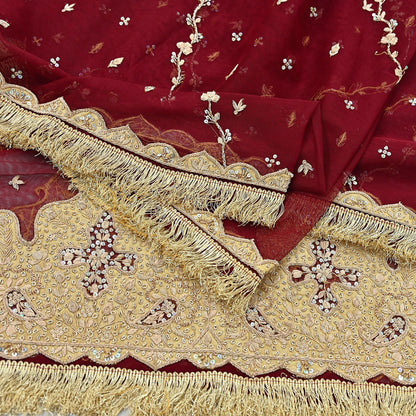 Indian Vintage Heavy Bridal Red Dupatta Net Mesh Long Stole Hand Embroidered Scarves Zardozi Dabka Wedding dupatta veil hijab Tissue Border