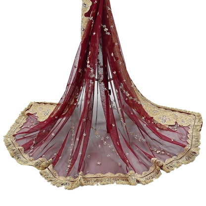 Indian Vintage Heavy Bridal Red Dupatta Net Mesh Long Stole Hand Embroidered Scarves Zardozi Dabka Wedding dupatta veil hijab Tissue Border