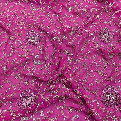 Indian Vintage Heavy Magenta Dupatta Pure Georgette Silk Long Stole Hand Embroidered Scarf Zardozi/Dabka