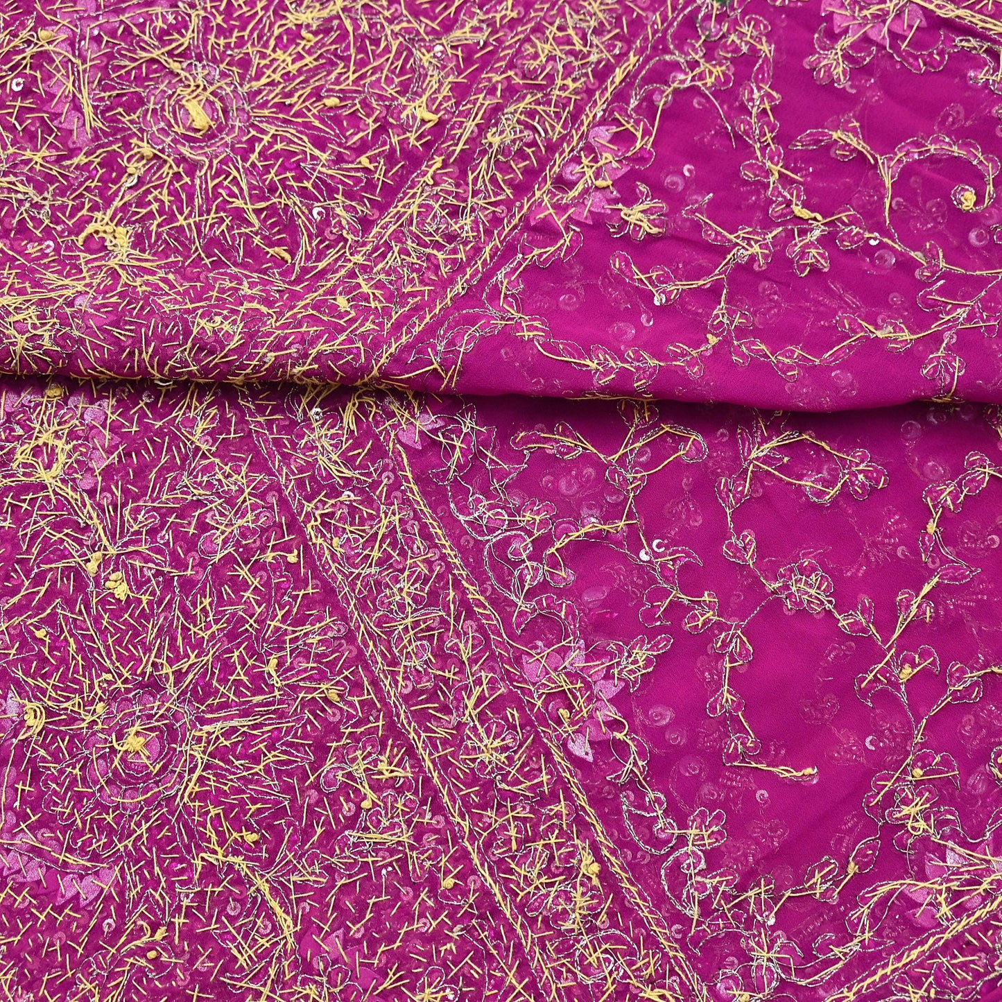 Indian Vintage Heavy Magenta Dupatta Pure Georgette Silk Long Stole Hand Embroidered Scarf Zardozi/Dabka