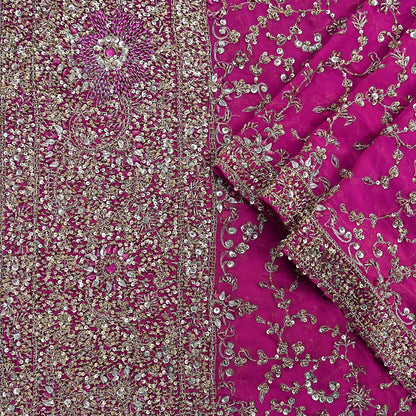 Indian Vintage Heavy Magenta Dupatta Pure Georgette Silk Long Stole Hand Embroidered Scarf Zardozi/Dabka