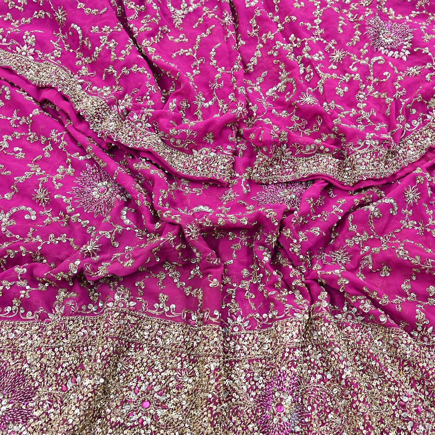 Indian Vintage Heavy Magenta Dupatta Pure Georgette Silk Long Stole Hand Embroidered Scarf Zardozi/Dabka