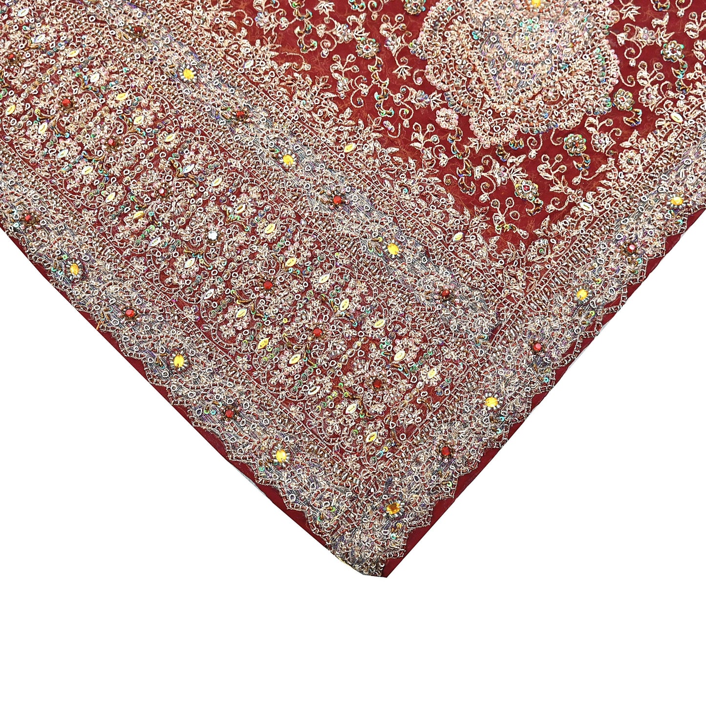 Indian Vintage Heavy Bridal Maroon Dupatta Pure Georgette Silk Long Stole Hand Embroidered Scarf Zardozi/Dabka Wedding red Hijab veil Boho