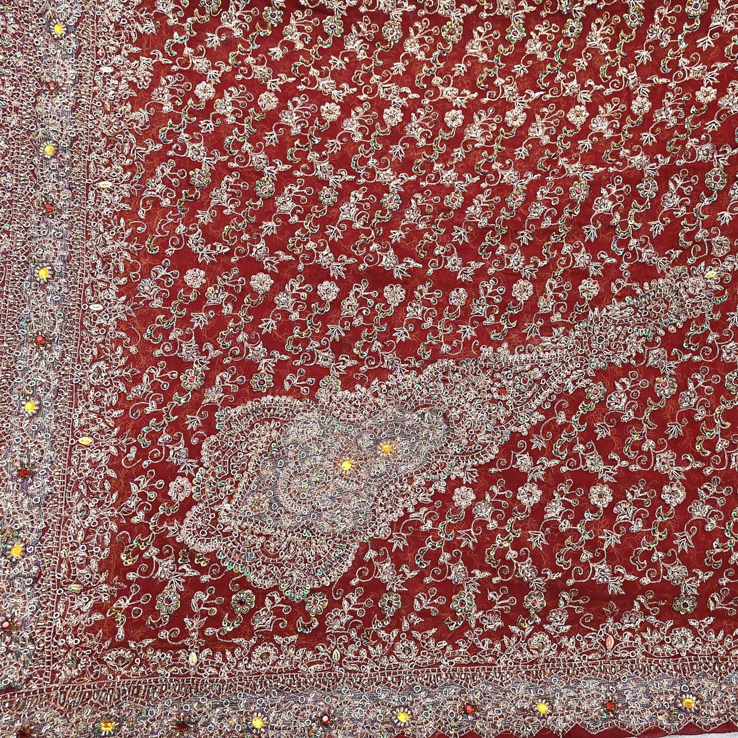 Indian Vintage Heavy Bridal Maroon Dupatta Pure Georgette Silk Long Stole Hand Embroidered Scarf Zardozi/Dabka Wedding red Hijab veil Boho
