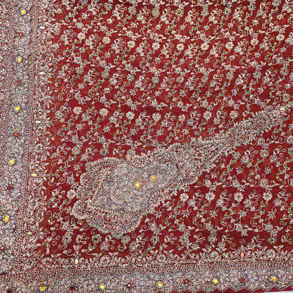 Indian Vintage Heavy Bridal Maroon Dupatta Pure Georgette Silk Long Stole Hand Embroidered Scarf Zardozi/Dabka Wedding red Hijab veil Boho