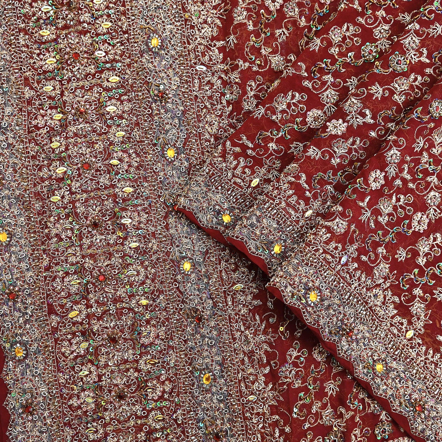 Indian Vintage Heavy Bridal Maroon Dupatta Pure Georgette Silk Long Stole Hand Embroidered Scarf Zardozi/Dabka Wedding red Hijab veil Boho