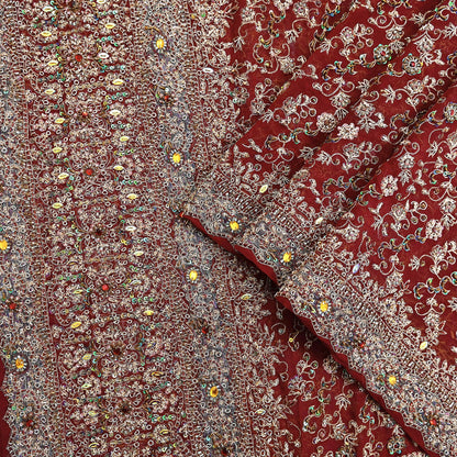 Indian Vintage Heavy Bridal Maroon Dupatta Pure Georgette Silk Long Stole Hand Embroidered Scarf Zardozi/Dabka Wedding red Hijab veil Boho