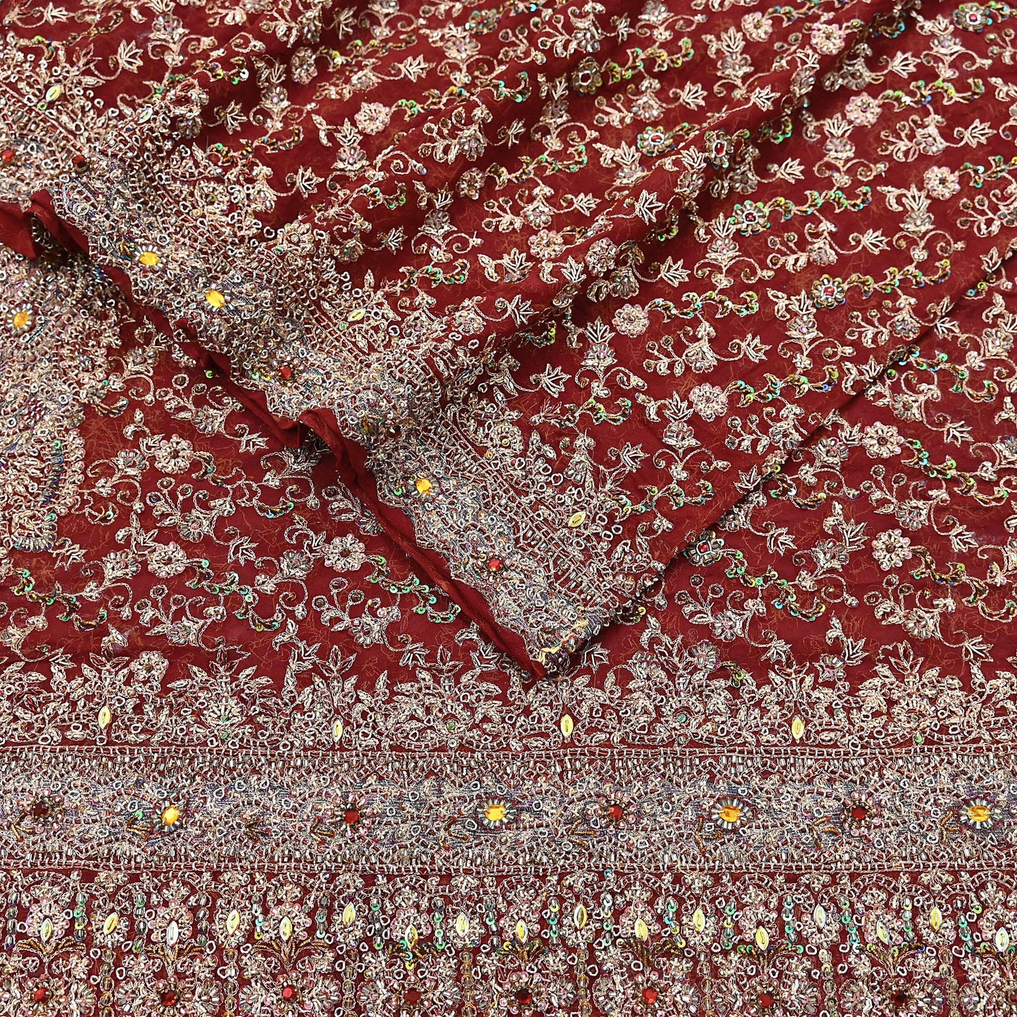 Indian Vintage Heavy Bridal Maroon Dupatta Pure Georgette Silk Long Stole Hand Embroidered Scarf Zardozi/Dabka Wedding red Hijab veil Boho