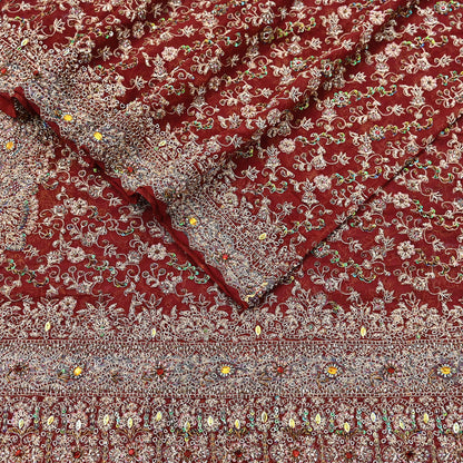 Indian Vintage Heavy Bridal Maroon Dupatta Pure Georgette Silk Long Stole Hand Embroidered Scarf Zardozi/Dabka Wedding red Hijab veil Boho