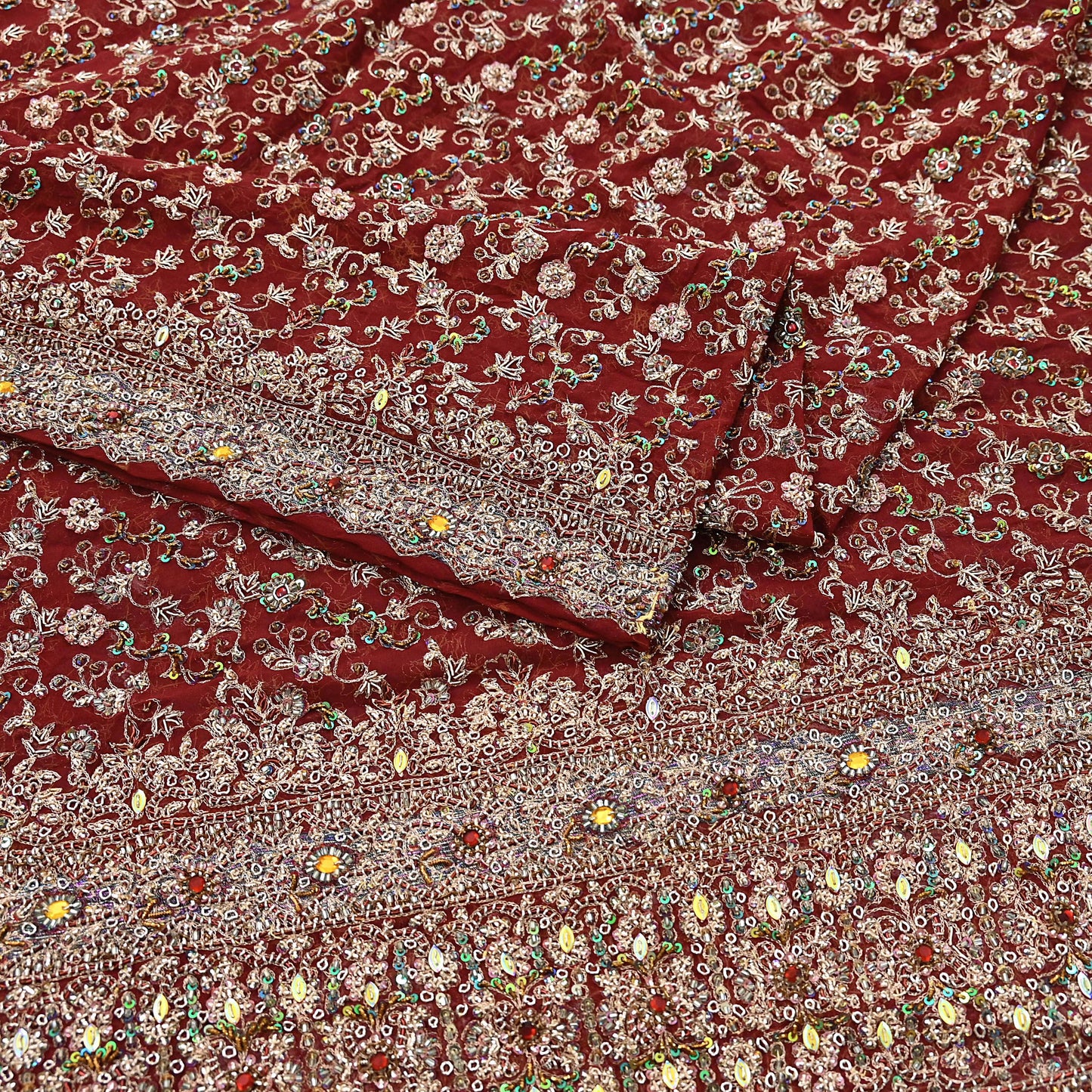 Indian Vintage Heavy Bridal Maroon Dupatta Pure Georgette Silk Long Stole Hand Embroidered Scarf Zardozi/Dabka Wedding red Hijab veil Boho