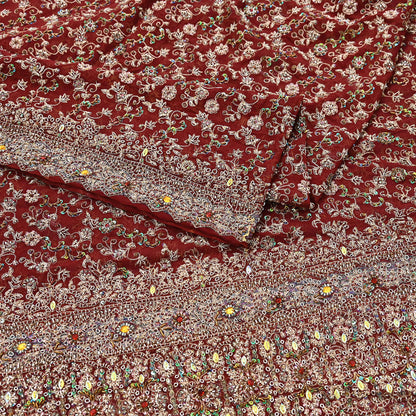 Indian Vintage Heavy Bridal Maroon Dupatta Pure Georgette Silk Long Stole Hand Embroidered Scarf Zardozi/Dabka Wedding red Hijab veil Boho