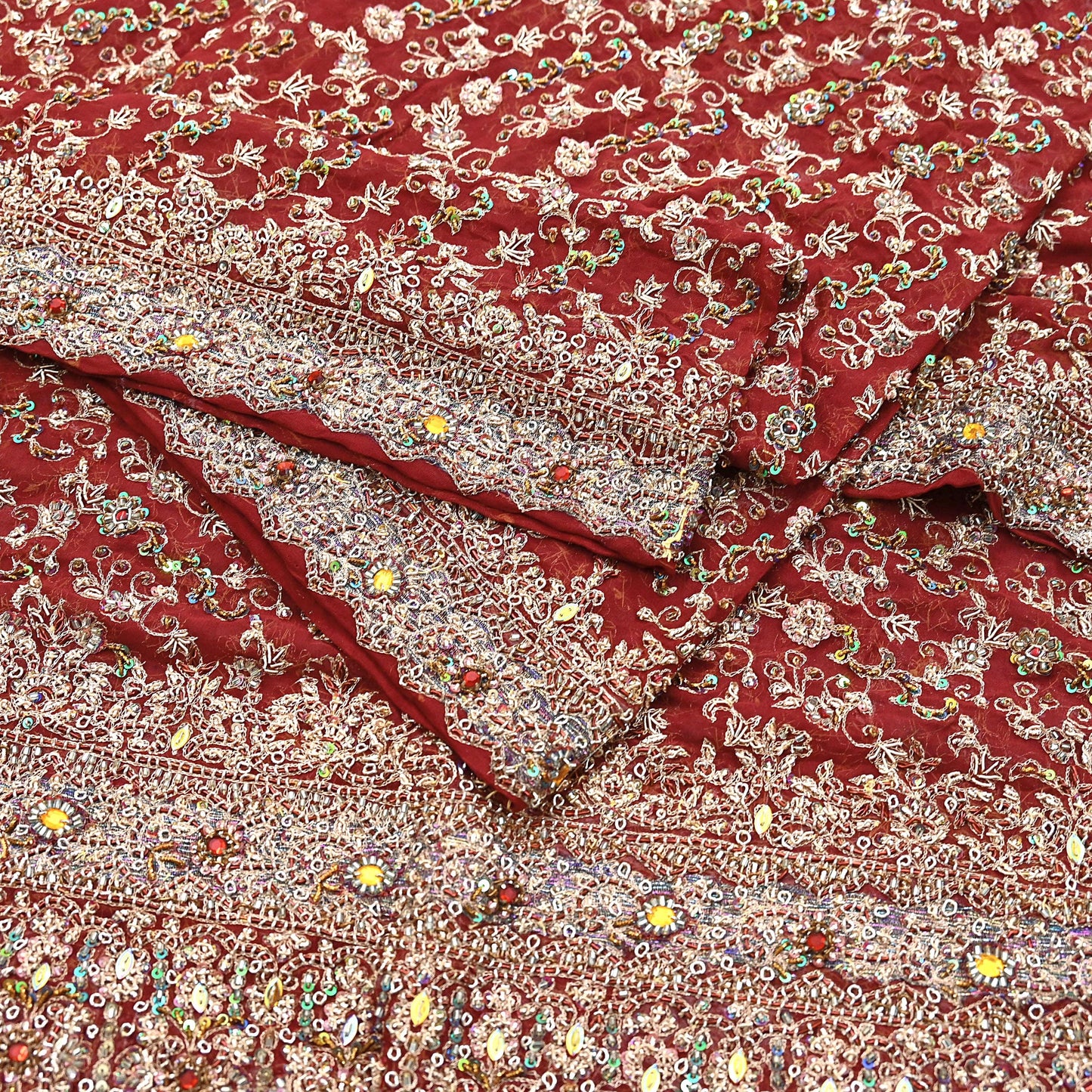 Indian Vintage Heavy Bridal Maroon Dupatta Pure Georgette Silk Long Stole Hand Embroidered Scarf Zardozi/Dabka Wedding red Hijab veil Boho