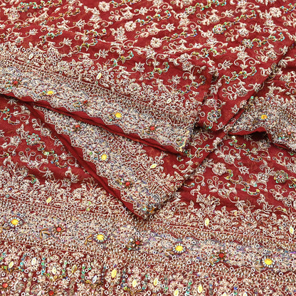Indian Vintage Heavy Bridal Maroon Dupatta Pure Georgette Silk Long Stole Hand Embroidered Scarf Zardozi/Dabka Wedding red Hijab veil Boho