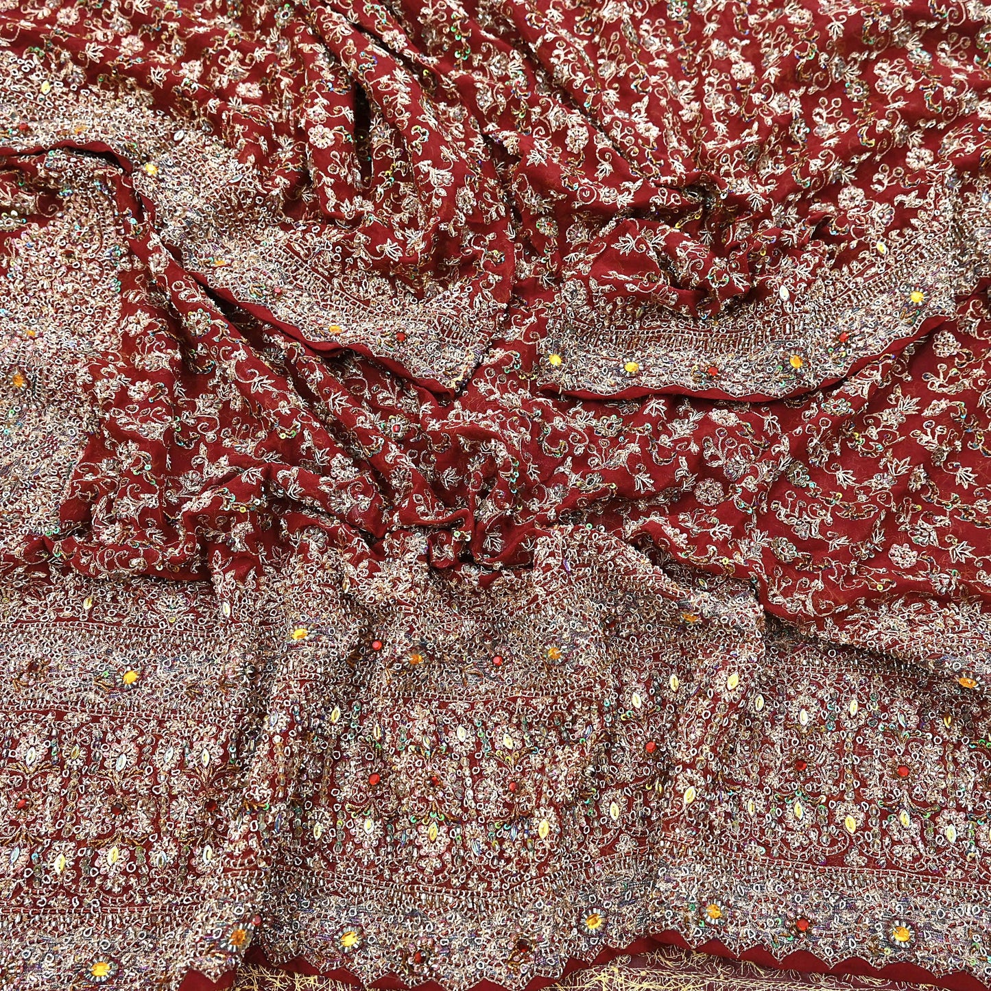 Indian Vintage Heavy Bridal Maroon Dupatta Pure Georgette Silk Long Stole Hand Embroidered Scarf Zardozi/Dabka Wedding red Hijab veil Boho