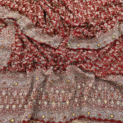 Indian Vintage Heavy Bridal Maroon Dupatta Pure Georgette Silk Long Stole Hand Embroidered Scarf Zardozi/Dabka Wedding red Hijab veil Boho