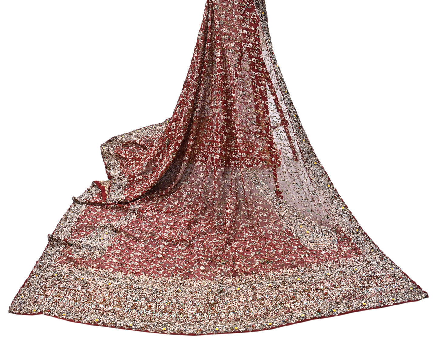 Indian Vintage Heavy Bridal Maroon Dupatta Pure Georgette Silk Long Stole Hand Embroidered Scarf Zardozi/Dabka Wedding red Hijab veil Boho