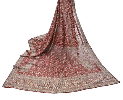 Indian Vintage Heavy Bridal Maroon Dupatta Pure Georgette Silk Long Stole Hand Embroidered Scarf Zardozi/Dabka Wedding red Hijab veil Boho