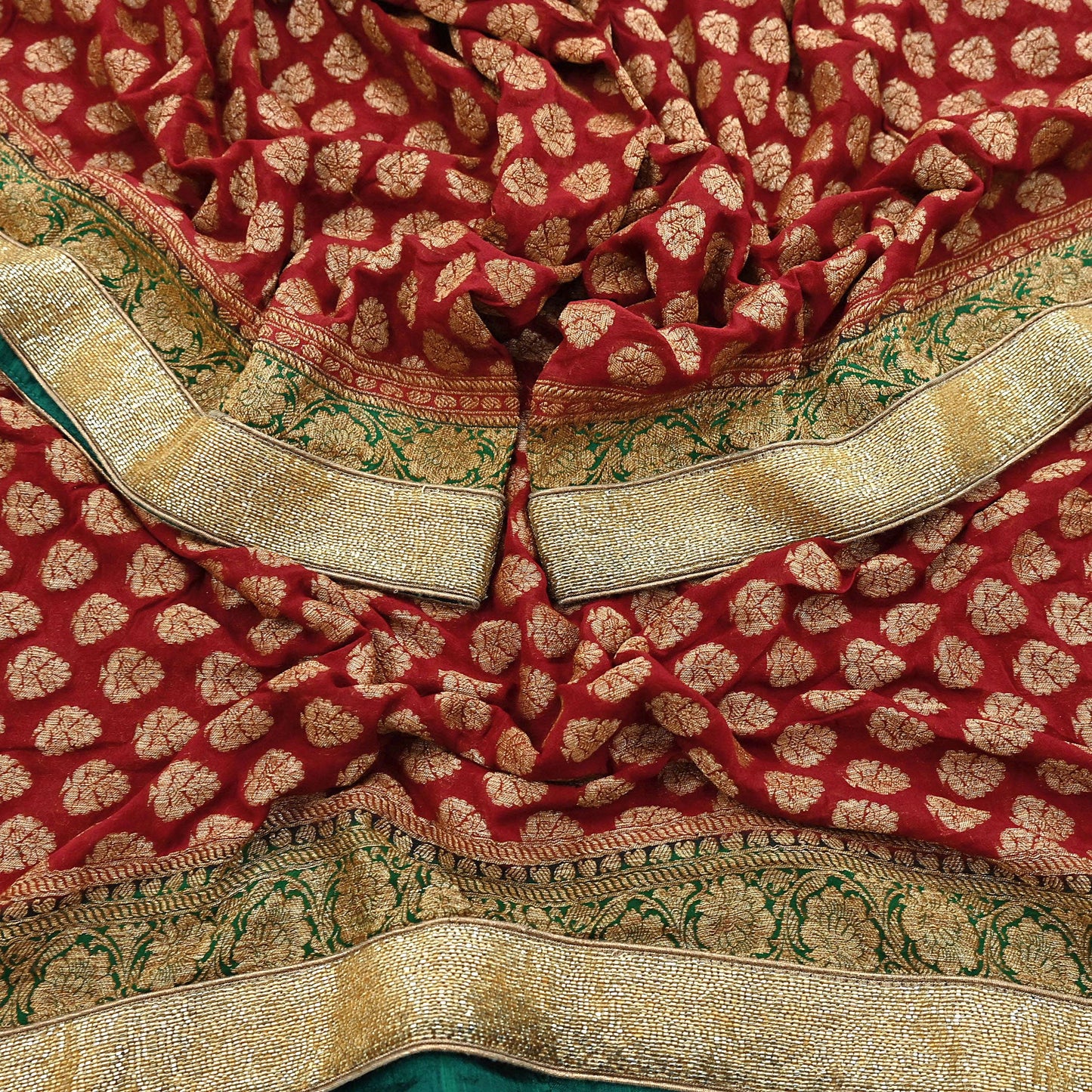 Indian Vintage Heavy Red Bridal Dupatta Pure Georgette Silk Hand woven glass Zari Work Party Wear Long Stole