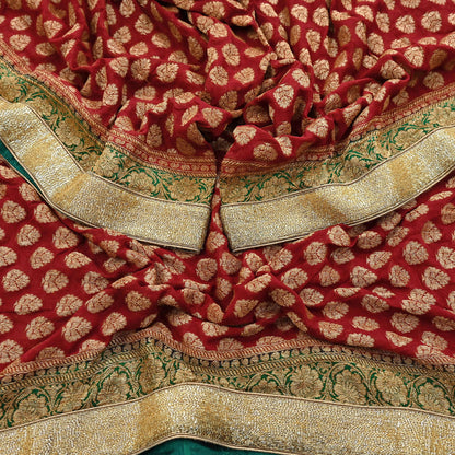 Indian Vintage Heavy Red Bridal Dupatta Pure Georgette Silk Hand woven glass Zari Work Party Wear Long Stole