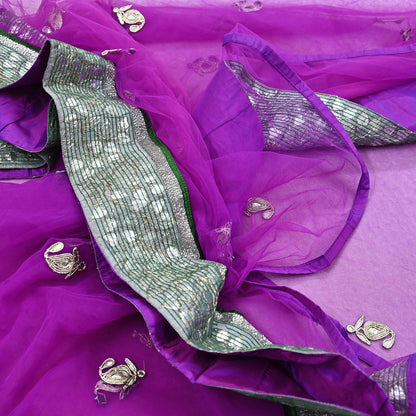 Indian Vintage Heavy Sari Purple Net/Mesh Hand Embroidered Sarees Craft Fabric 6Yd Sewing Soft Zardozi Wedding sarees With Blouse fabric