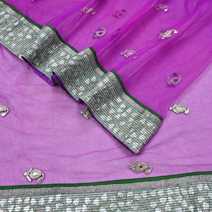 Indian Vintage Heavy Sari Purple Net/Mesh Hand Embroidered Sarees Craft Fabric 6Yd Sewing Soft Zardozi Wedding sarees With Blouse fabric