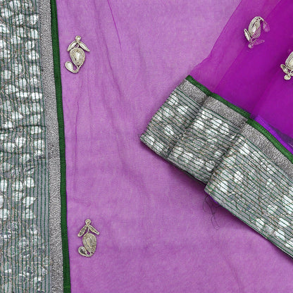 Indian Vintage Heavy Sari Purple Net/Mesh Hand Embroidered Sarees Craft Fabric 6Yd Sewing Soft Zardozi Wedding sarees With Blouse fabric