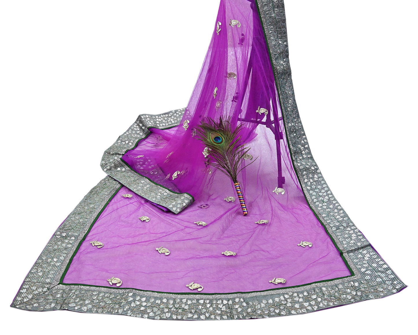 Indian Vintage Heavy Sari Purple Net/Mesh Hand Embroidered Sarees Craft Fabric 6Yd Sewing Soft Zardozi Wedding sarees With Blouse fabric